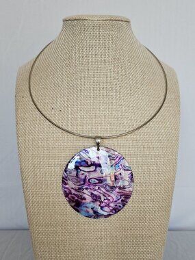 Shell Pendant Necklace | Purple Blue Swirl | Statement Choker 17”